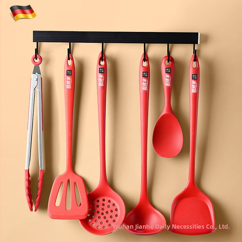 Set spatule din silicon cu mâner lung pentru tigăi antiaderente – spatulă, lingură de supă și lingură cu sită