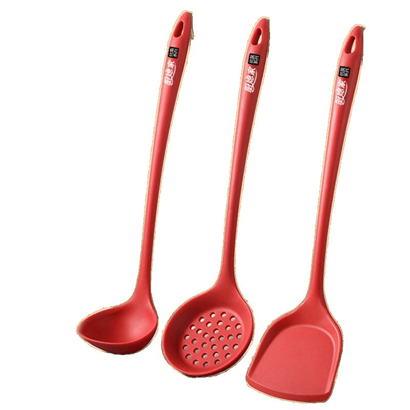 Set spatule din silicon cu mâner lung pentru tigăi antiaderente – spatulă, lingură de supă și lingură cu sită