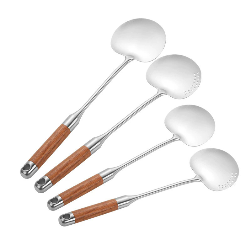 Spatulă de bucătărie cu mâner din lemn și oțel inoxidabil, construcție îngroșată, pentru uz casnic; spatulă pentru ciuperci și prăjire, ustensilă de bucătărie de înaltă calitate