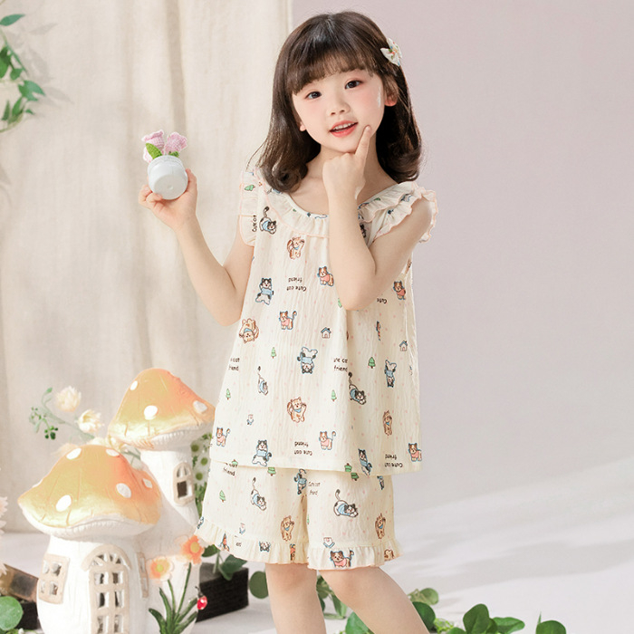 Set de pijamale pentru fete: vară, top cu mânecă scurtă și pantaloni scurți, imprimeu desen animat, 100% Cloud Cotton