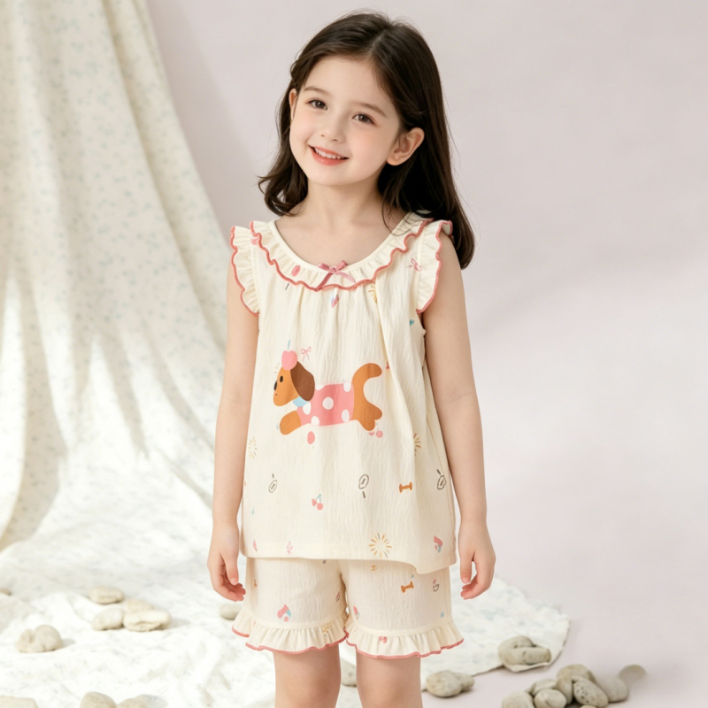 Set de pijamale pentru fete: vară, top cu mânecă scurtă și pantaloni scurți, imprimeu desen animat, 100% Cloud Cotton