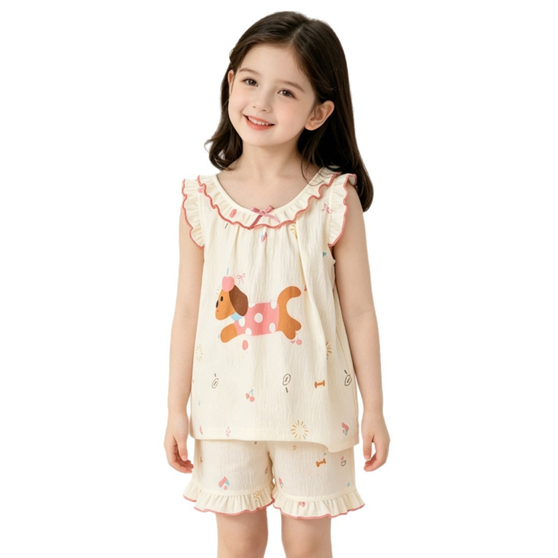 Set de pijamale pentru fete: vară, top cu mânecă scurtă și pantaloni scurți, imprimeu desen animat, 100% Cloud Cotton