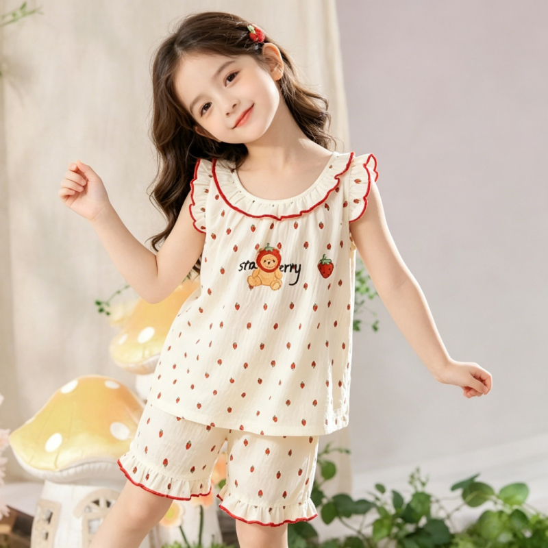 Set de pijamale pentru fete: vară, top cu mânecă scurtă și pantaloni scurți, imprimeu desen animat, 100% Cloud Cotton