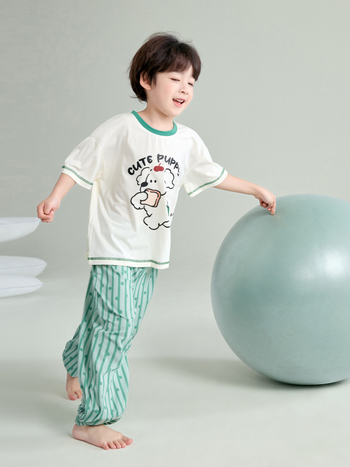 Pijamale pentru copii băieți din modal-bumbac, vară ușoară, set cu tricou cu mânecă scurtă și pantaloni lungi