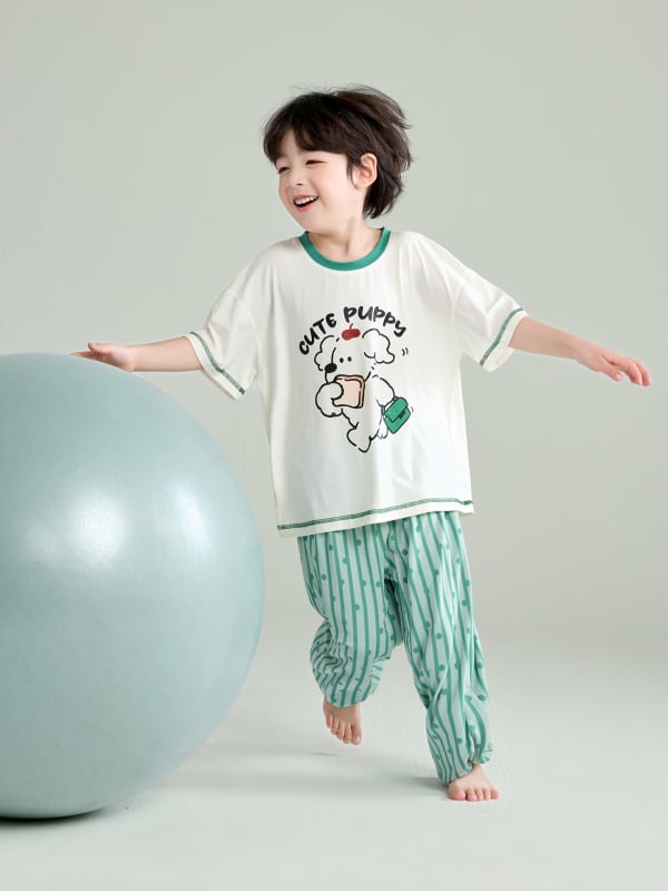 Pijamale pentru copii băieți din modal-bumbac, vară ușoară, set cu tricou cu mânecă scurtă și pantaloni lungi