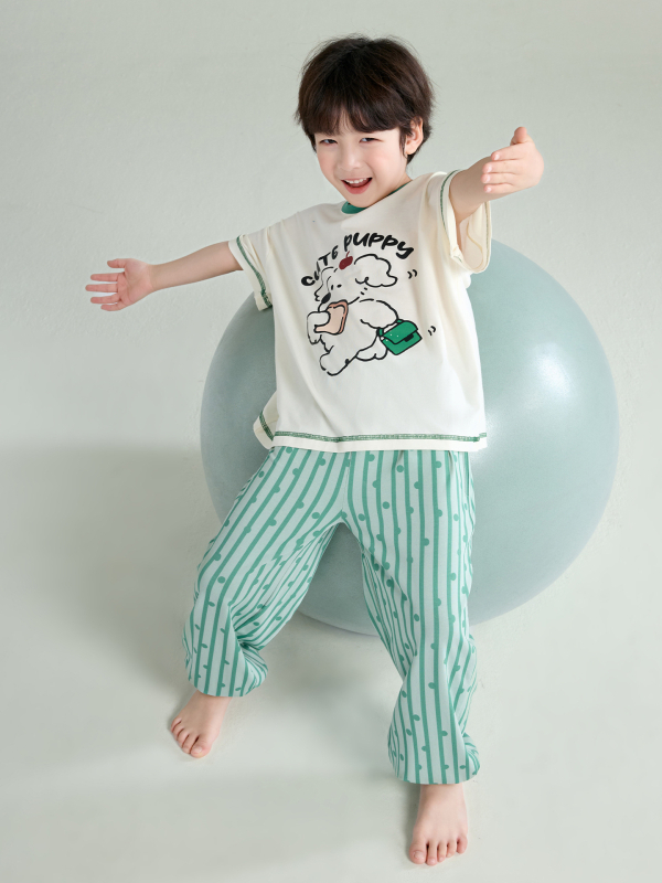 Pijamale pentru copii băieți din modal-bumbac, vară ușoară, set cu tricou cu mânecă scurtă și pantaloni lungi