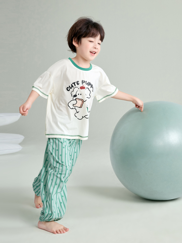 Pijamale pentru copii băieți din modal-bumbac, vară ușoară, set cu tricou cu mânecă scurtă și pantaloni lungi
