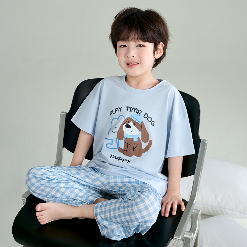 Pijamale pentru copii băieți din modal-bumbac, vară ușoară, set cu tricou cu mânecă scurtă și pantaloni lungi