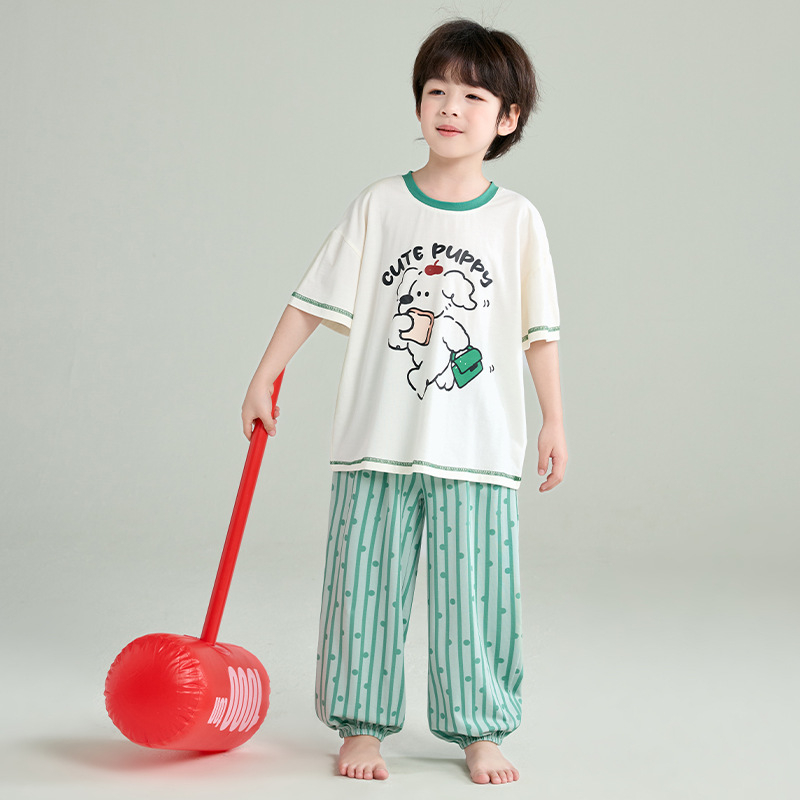 Pijamale pentru copii băieți din modal-bumbac, vară ușoară, set cu tricou cu mânecă scurtă și pantaloni lungi