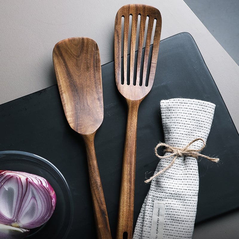 Spatulă din lemn de teak cu mâner lung pentru wok, rezistentă la temperaturi înalte, antiaderent, ustensilă de bucătărie din lemn