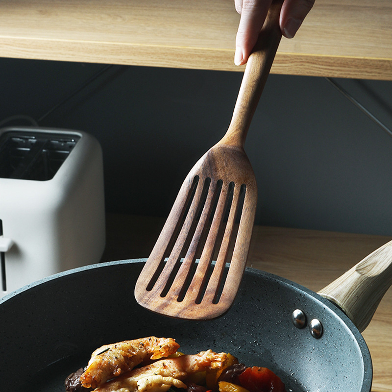Spatulă din lemn de teak cu mâner lung pentru wok, rezistentă la temperaturi înalte, antiaderent, ustensilă de bucătărie din lemn