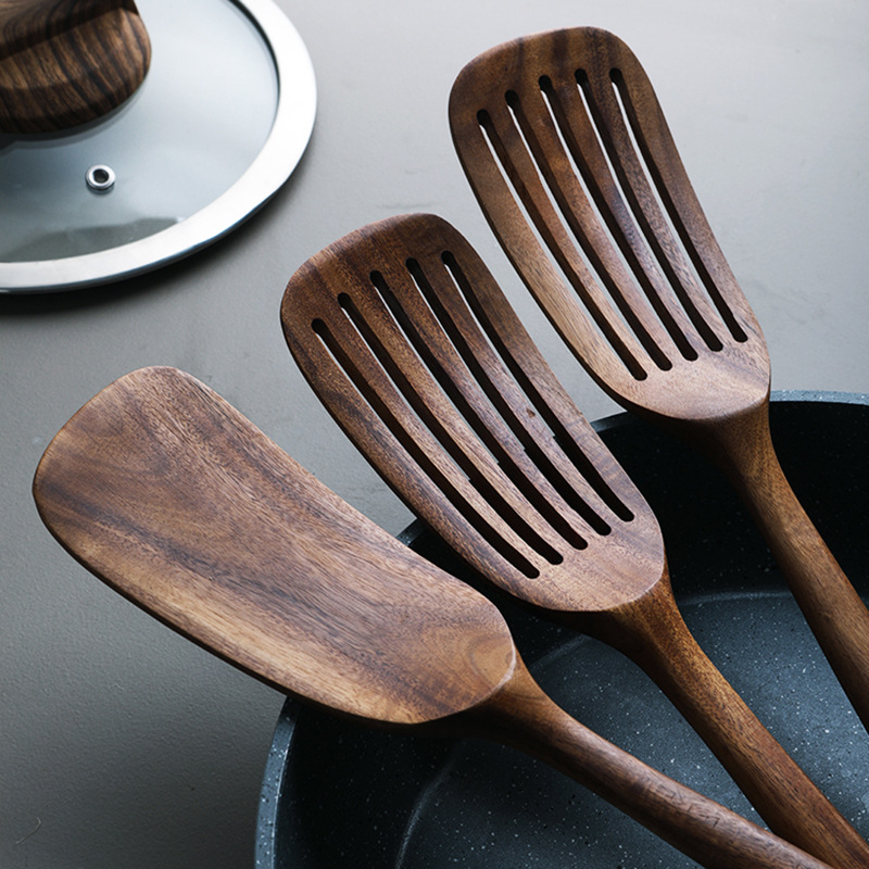 Spatulă din lemn de teak cu mâner lung pentru wok, rezistentă la temperaturi înalte, antiaderent, ustensilă de bucătărie din lemn