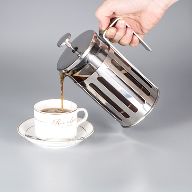 Cafetieră franțuzească din oțel inoxidabil 304, corp din sticlă borosilikată și filtru încorporat
