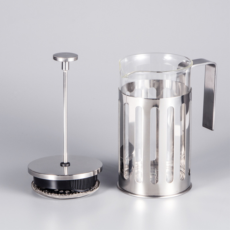 Cafetieră franțuzească din oțel inoxidabil 304, corp din sticlă borosilikată și filtru încorporat