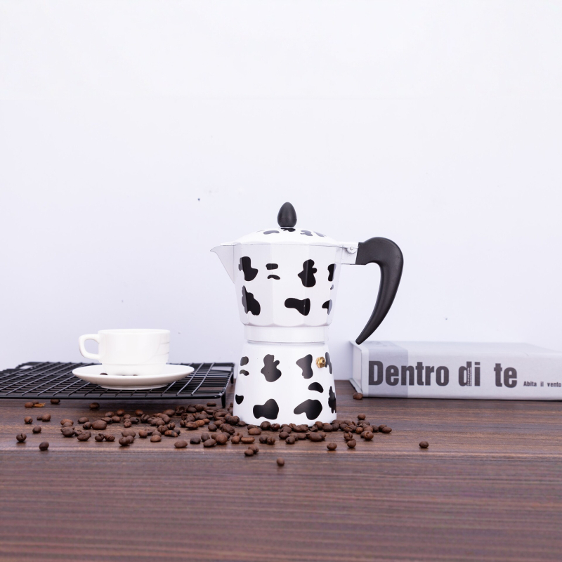 Cafetieră moka din aluminiu, cu model de vaci, pentru uz casnic, design octagonal