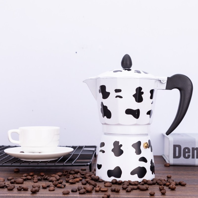 Cafetieră moka din aluminiu, cu model de vaci, pentru uz casnic, design octagonal