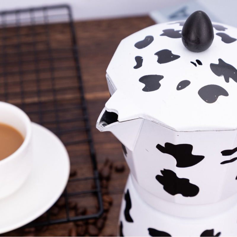 Cafetieră moka din aluminiu, cu model de vaci, pentru uz casnic, design octagonal