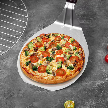 Lopată pentru pizza din oțel inoxidabil, cu mâner din lemn, cap rotund, dimensiune mare, pentru pizza, friptură, clătite, grătar și tort