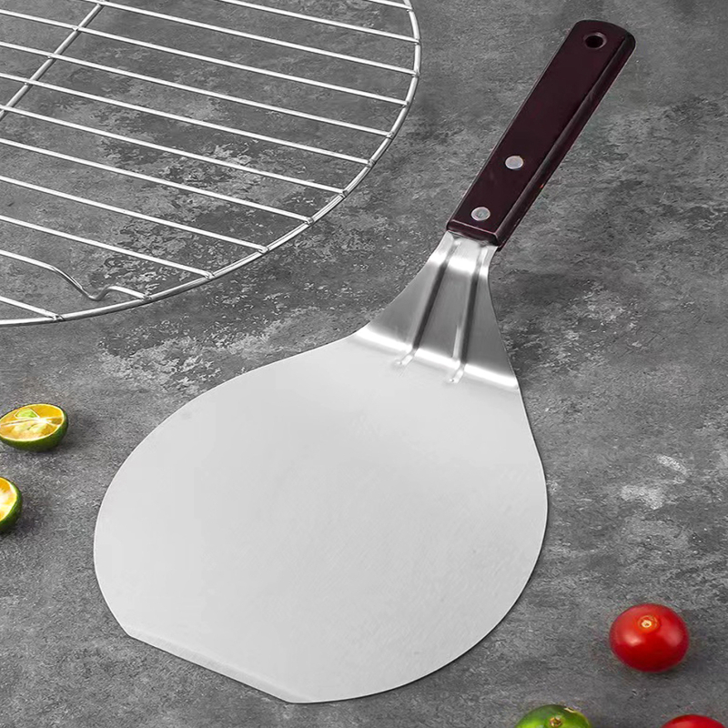 Lopată pentru pizza din oțel inoxidabil, cu mâner din lemn, cap rotund, dimensiune mare, pentru pizza, friptură, clătite, grătar și tort