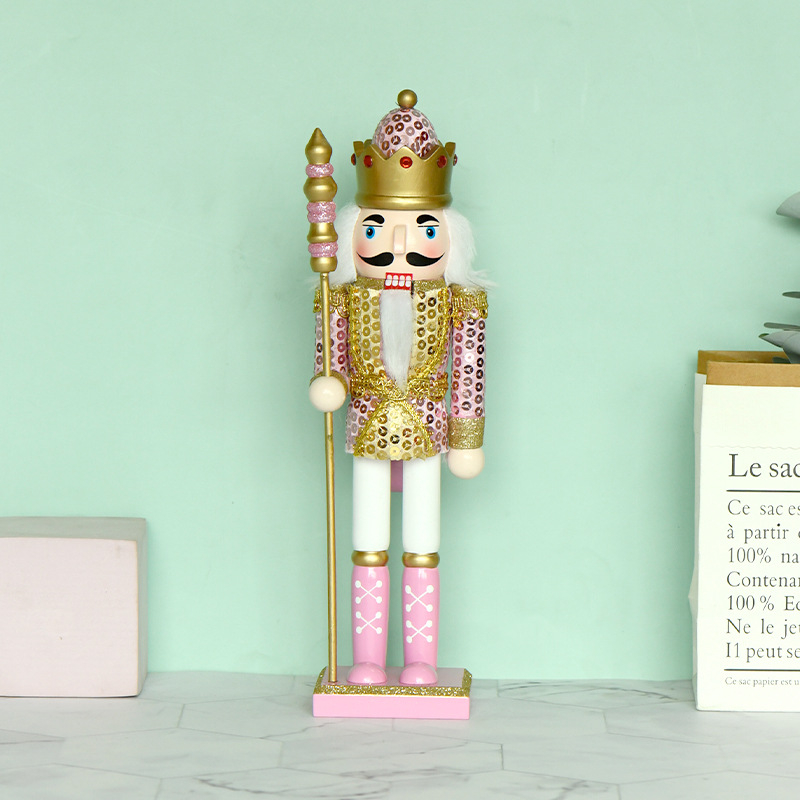Nutcracker din lemn roz, 30 cm, decor de Crăciun, stil european, pictat manual
