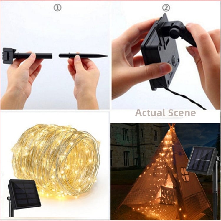 Șir LED cu sârmă de cupru, alimentat solar, pentru decor exterior de Crăciun, IP44 impermeabil, 100 LED