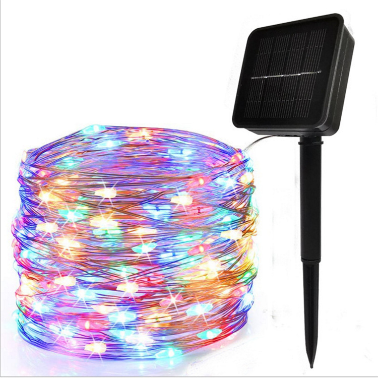 Șir LED cu sârmă de cupru, alimentat solar, pentru decor exterior de Crăciun, IP44 impermeabil, 100 LED