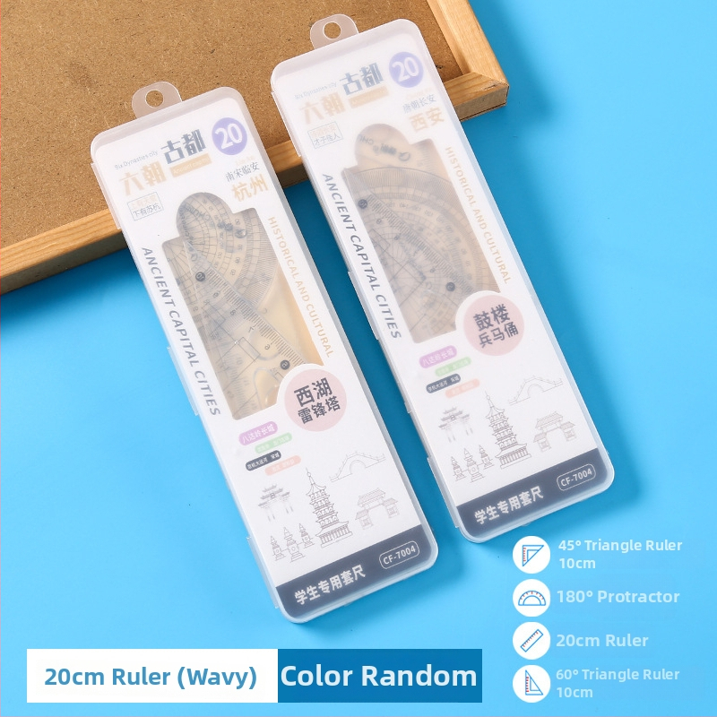 Set de rigle multifuncționale pentru elevi, în cutie transparentă, patru piese: riglă triunghiulară, riglă dreaptă și unghiometru, design animat