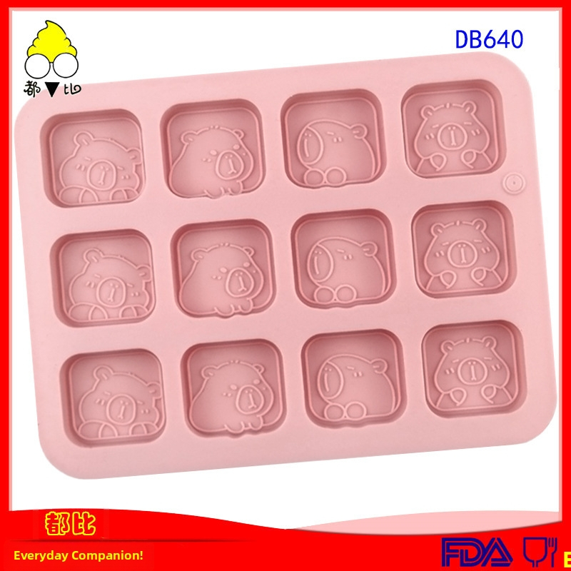 Set de 12 forme pătrate din silicon cu capibara pentru ciocolată, fursecuri, coacere și săpun