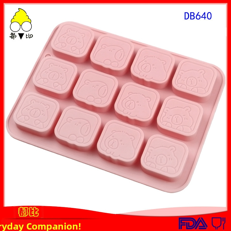Set de 12 forme pătrate din silicon cu capibara pentru ciocolată, fursecuri, coacere și săpun