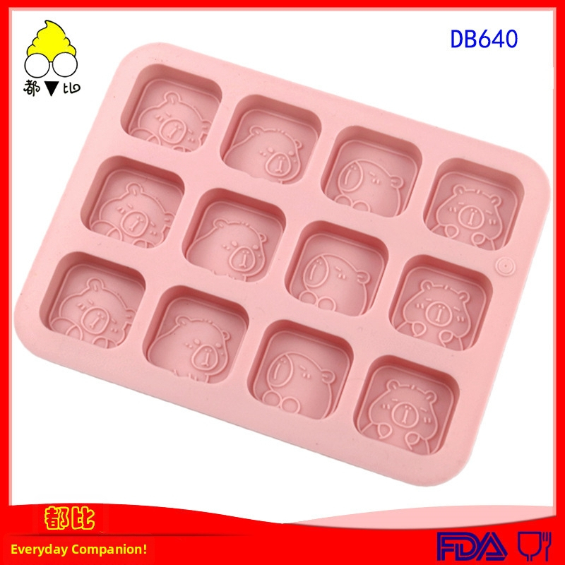 Set de 12 forme pătrate din silicon cu capibara pentru ciocolată, fursecuri, coacere și săpun