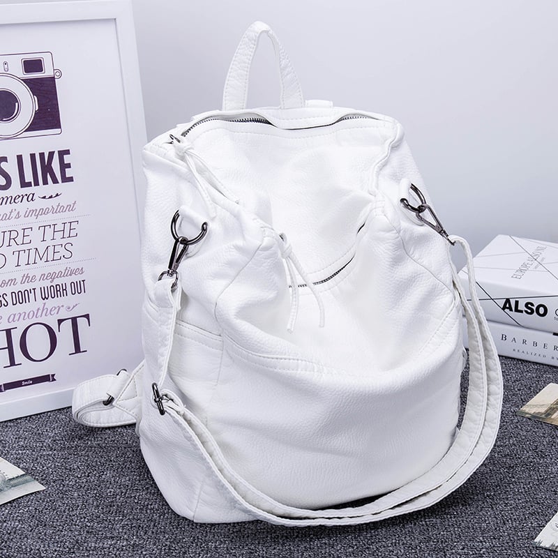 Mochila mare pentru femei din PU, stil casual retro, piele moale lavată, bretele dublu-umer și geantă crossbody