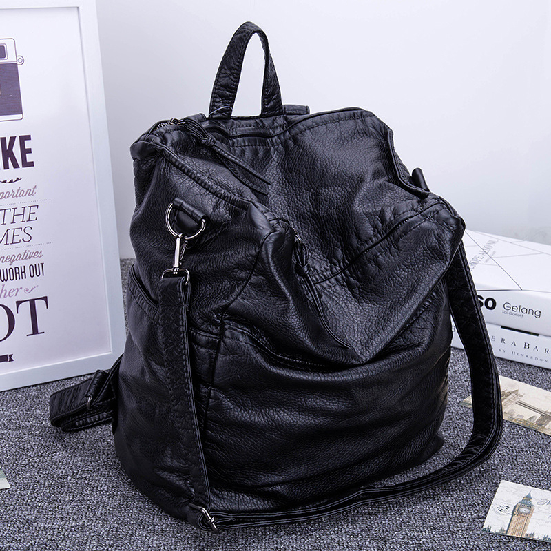 Mochila mare pentru femei din PU, stil casual retro, piele moale lavată, bretele dublu-umer și geantă crossbody