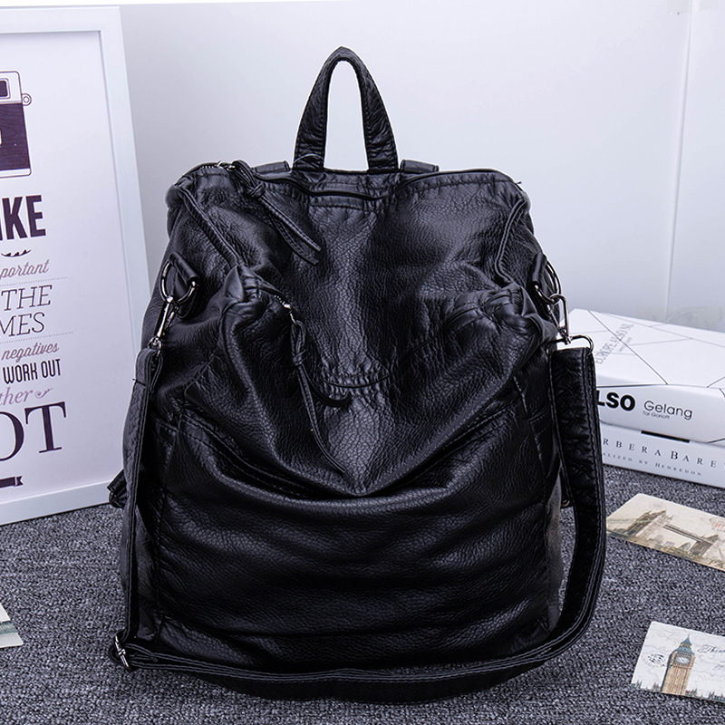 Mochila mare pentru femei din PU, stil casual retro, piele moale lavată, bretele dublu-umer și geantă crossbody