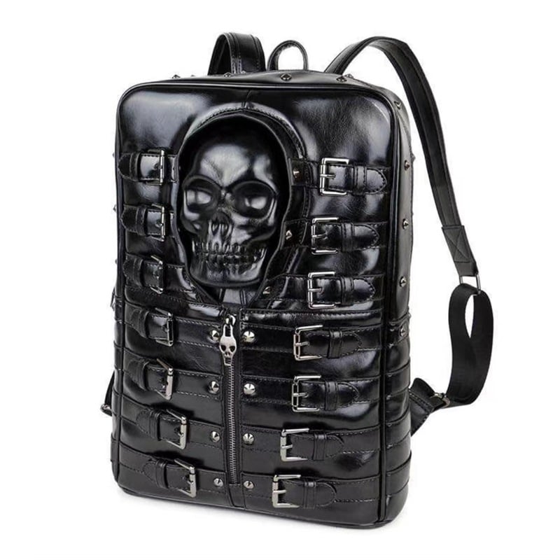 Rucsac casual din piele sintetică, cu design craniu și nituri, potrivit pentru călătorii, laptop și activități în aer liber
