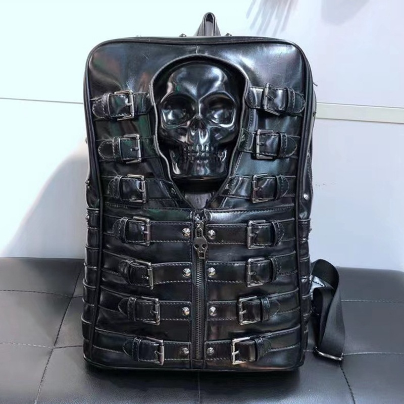 Rucsac casual din piele sintetică, cu design craniu și nituri, potrivit pentru călătorii, laptop și activități în aer liber