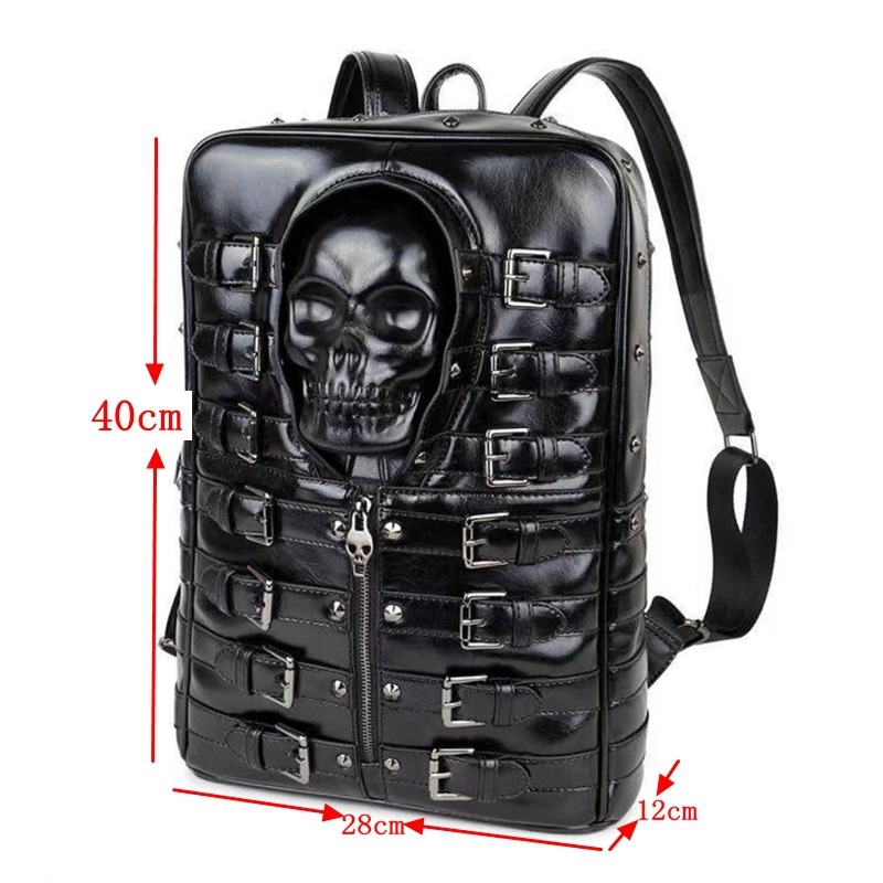 Rucsac casual din piele sintetică, cu design craniu și nituri, potrivit pentru călătorii, laptop și activități în aer liber