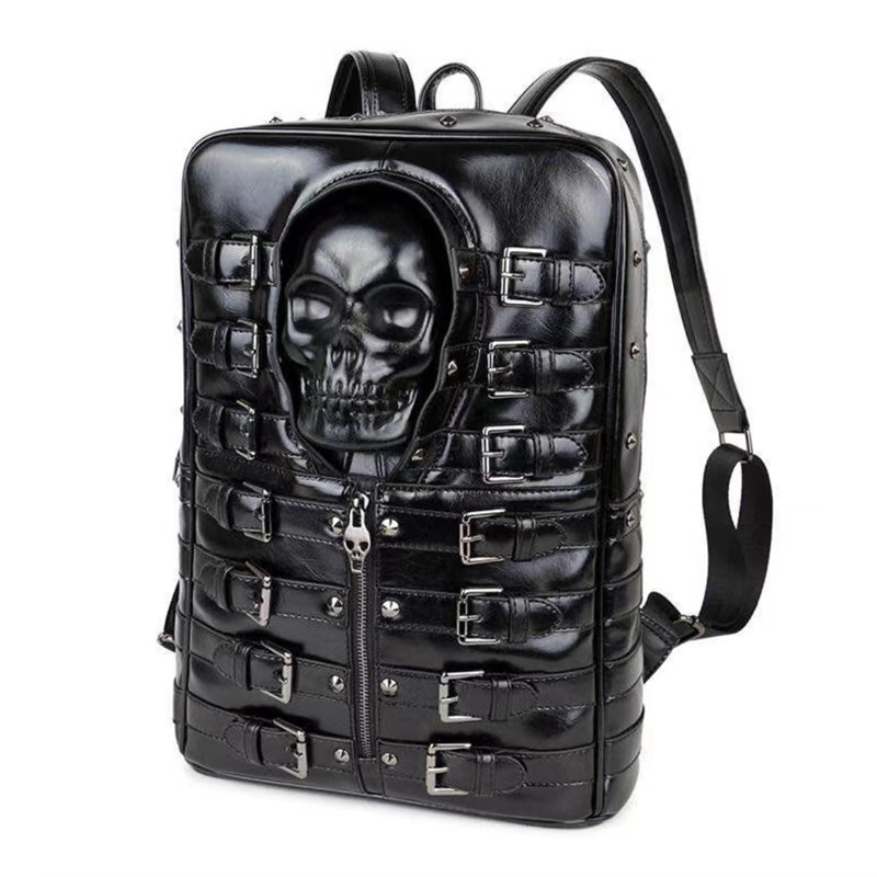 Rucsac casual din piele sintetică, cu design craniu și nituri, potrivit pentru călătorii, laptop și activități în aer liber