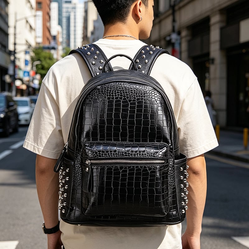 Rucsac unisex cu model crocodil, detalii cu nituri, capacitate mare 20–35 L, compatibil cu laptop de 14 inch, pentru călătorii și școală, impermeabil