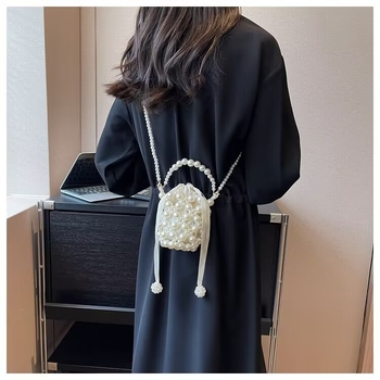 Geantă din acrilic cu perle pentru femei, crossbody cilindrică, mini portofel
