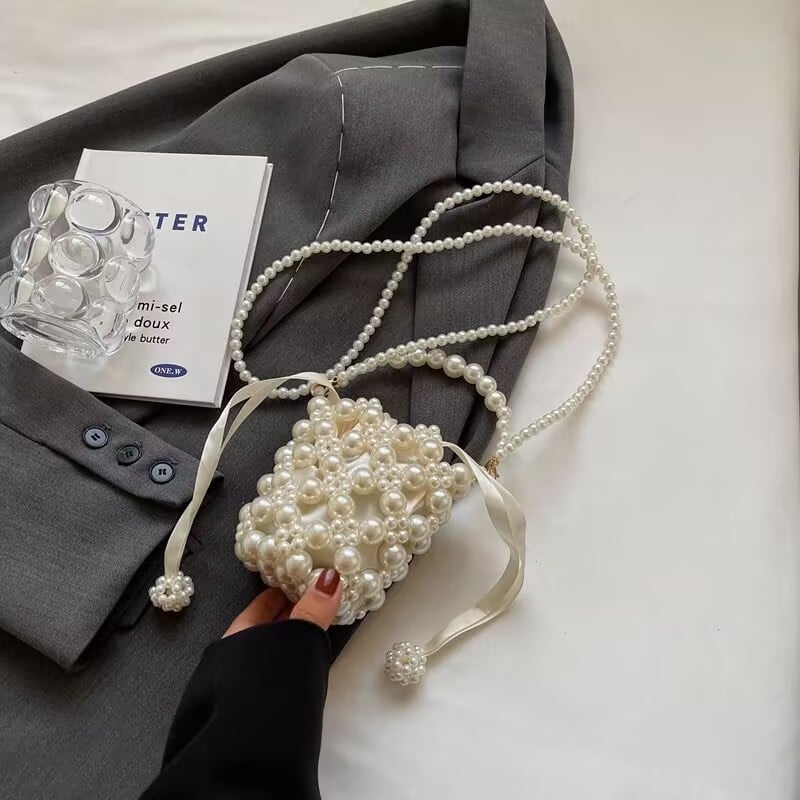 Geantă din acrilic cu perle pentru femei, crossbody cilindrică, mini portofel