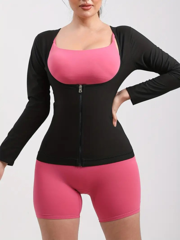 Top shapewear pentru femei cu fermoar, mâneci lungi și scurte, control al taliei și modelare a spatelui, pentru Yoga, alergare și fitness.