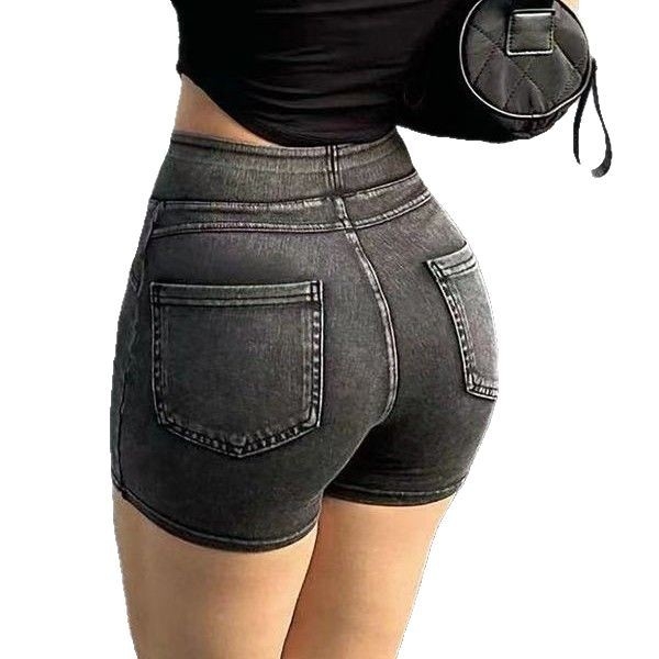 Shorts sport denim-look pentru femei, strâmți, talie înaltă, ridicare a șoldurilor, pentru yoga și fitness