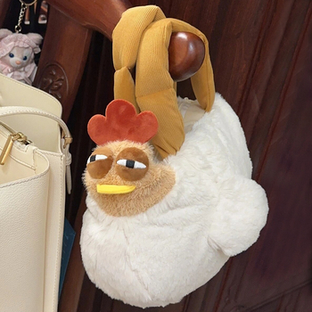 Geantă de machiaj din pluș, design desen animat, curea crossbody, capacitate mare, motiv găină zâmbitoare