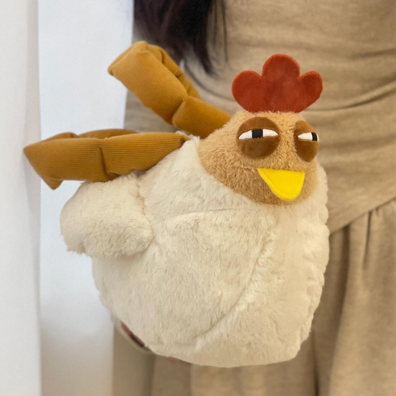 Geantă de machiaj din pluș, design desen animat, curea crossbody, capacitate mare, motiv găină zâmbitoare