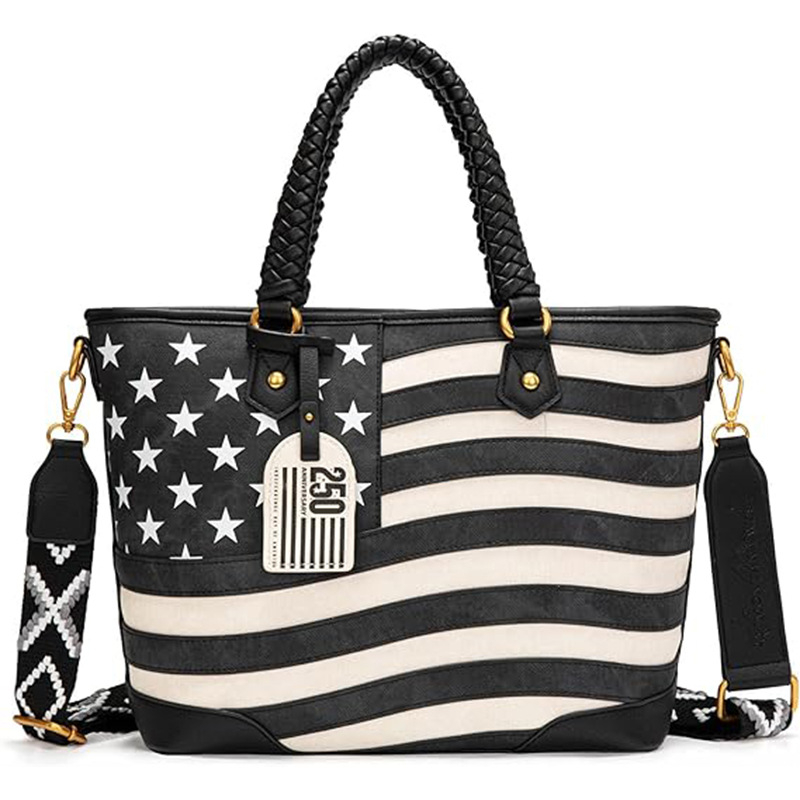 Geantă de umăr pentru femei, în stil american, cu look vintage patriotic occidental și mâner superior împletit