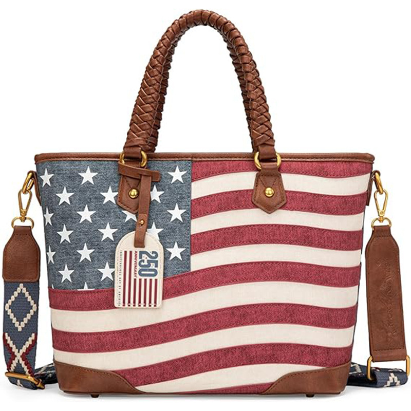 Geantă de umăr pentru femei, în stil american, cu look vintage patriotic occidental și mâner superior împletit