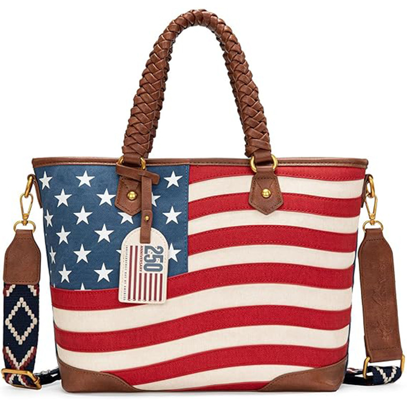 Geantă de umăr pentru femei, în stil american, cu look vintage patriotic occidental și mâner superior împletit