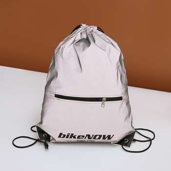 Rucsac gri reflexiv personalizabil cu șnur și fermoar, gentuță din stofă Oxford impermeabilă, imprimare logo disponibilă