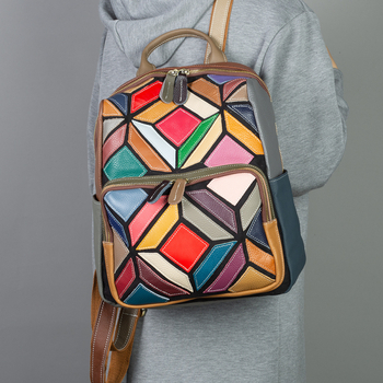 Geantă de damă din piele naturală, rucsac boem colorat, model geometric cu nuanțe contrastante