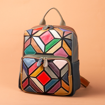 Geantă de damă din piele naturală, rucsac boem colorat, model geometric cu nuanțe contrastante